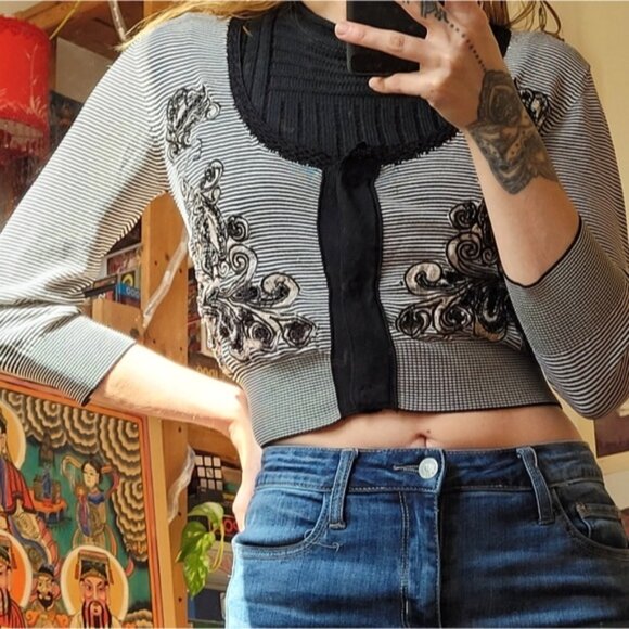 Gianfranco ferre embroidered 3/4 sleeve crop cardigan - S - Picture 4 of 8